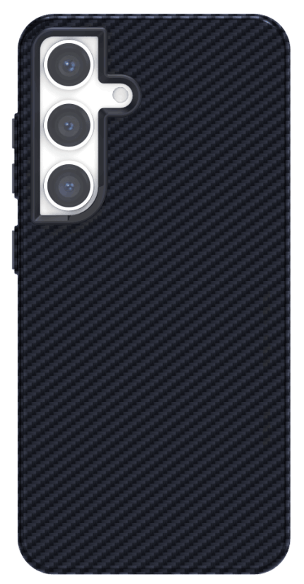 Funda de teléfono con estampado azul oscuro con tres lentes de cámara. Marco negro. Fondo blanco.