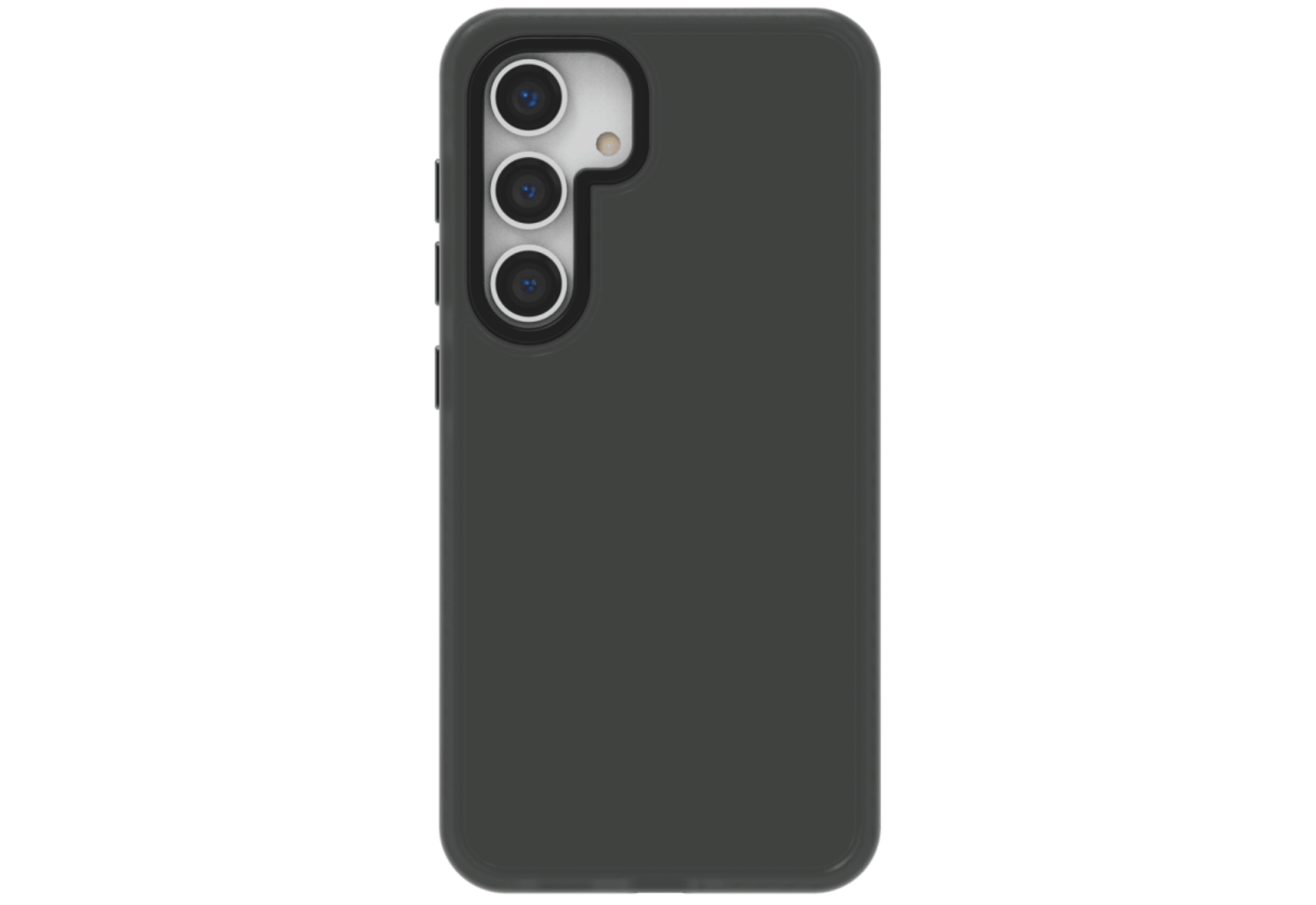 Parte trasera de un smartphone. Es gris oscuro con tres cámaras y un flash. Fondo negro.