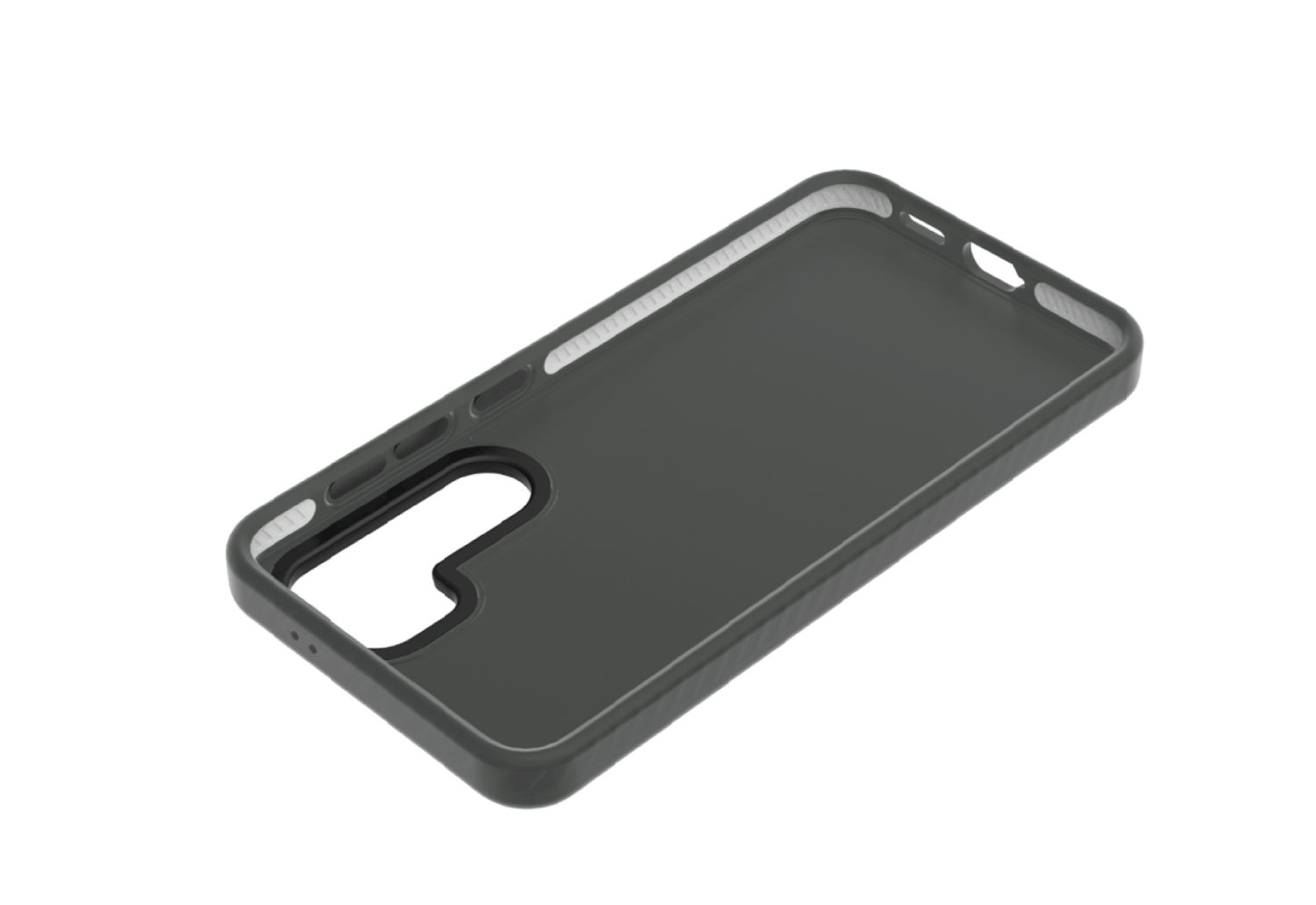 Una funda de teléfono gris oscuro, con la parte trasera hacia arriba, sobre fondo negro.