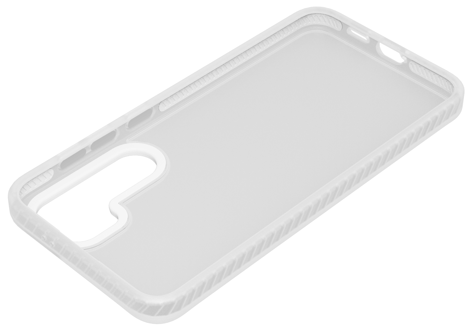 Funda transparente para teléfono, vista en ángulo, mostrando diseño interior y borde texturizado.