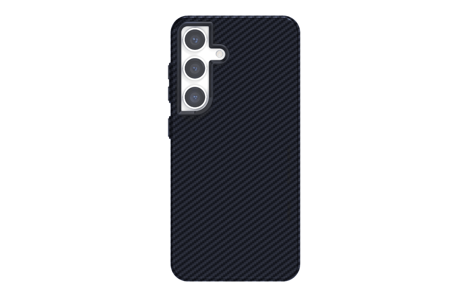 Teléfono inteligente negro con textura de fibra de carbono en la parte trasera y tres lentes.