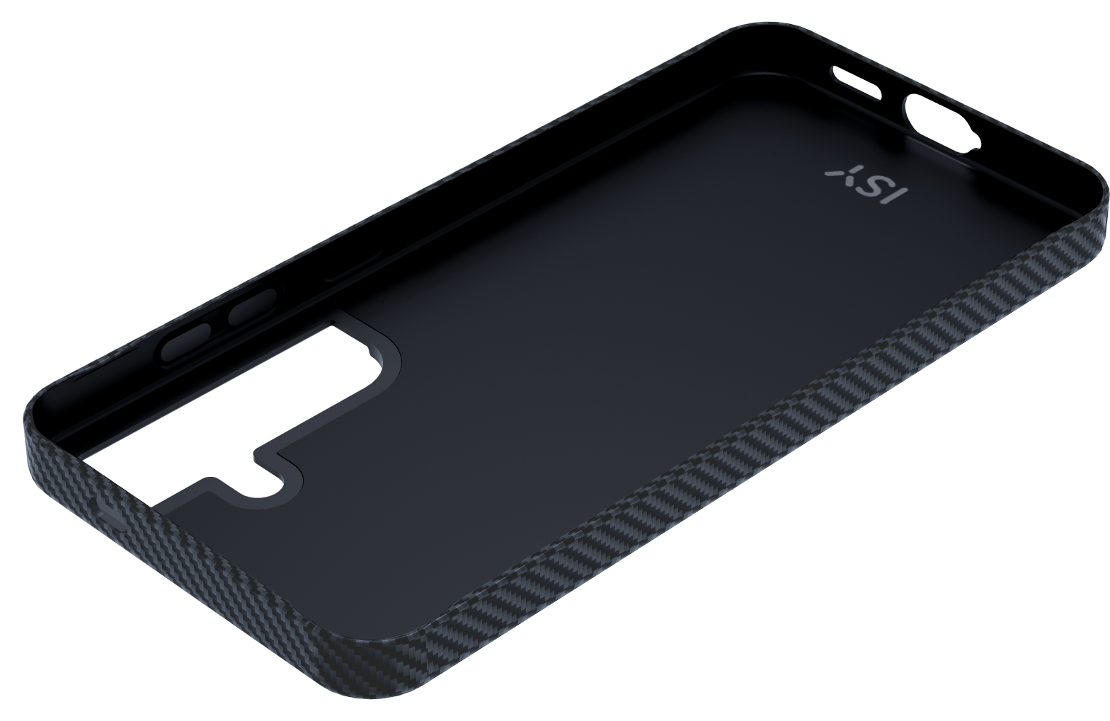 Funda negra para teléfono con textura de fibra de carbono y recortes, con logo ISY.