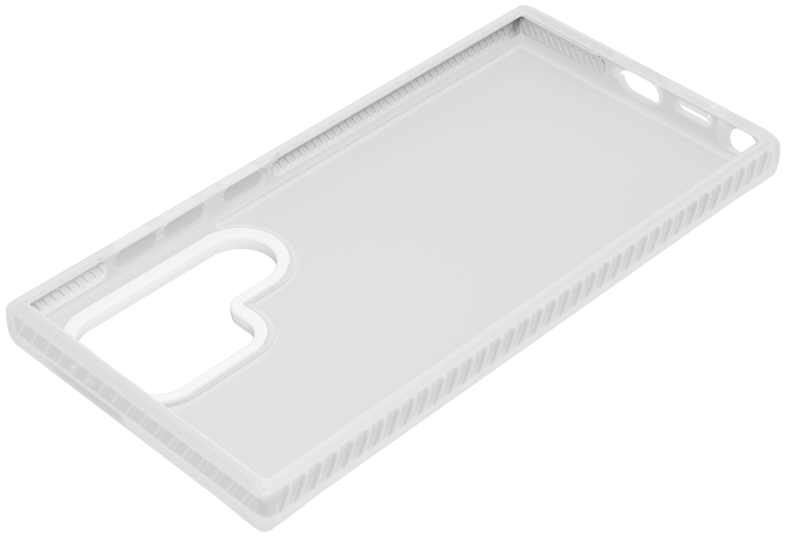 Una funda transparente para teléfono sobre una superficie negra. La funda tiene forma rectangular con recortes.