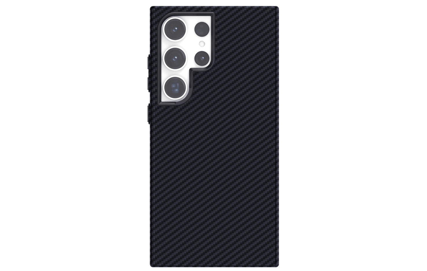 Funda de teléfono, patrón de fibra de carbono negra, con múltiples cámaras. Sobre fondo negro.
