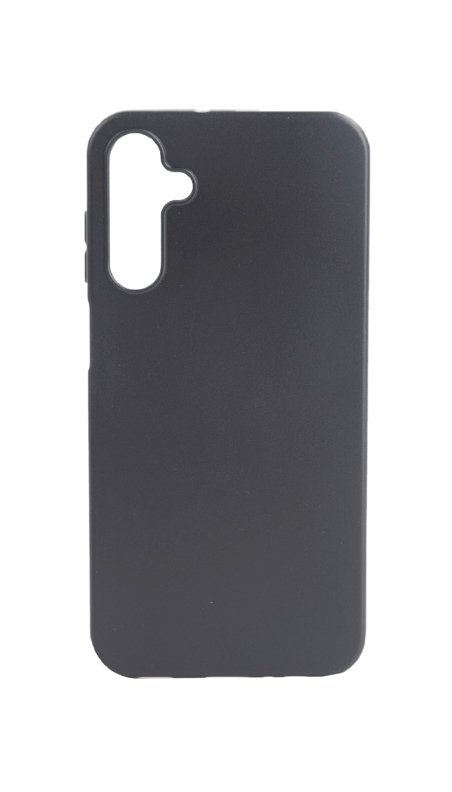 Funda de teléfono negra. Tiene un recorte para la cámara y botones laterales. El fondo es blanco.