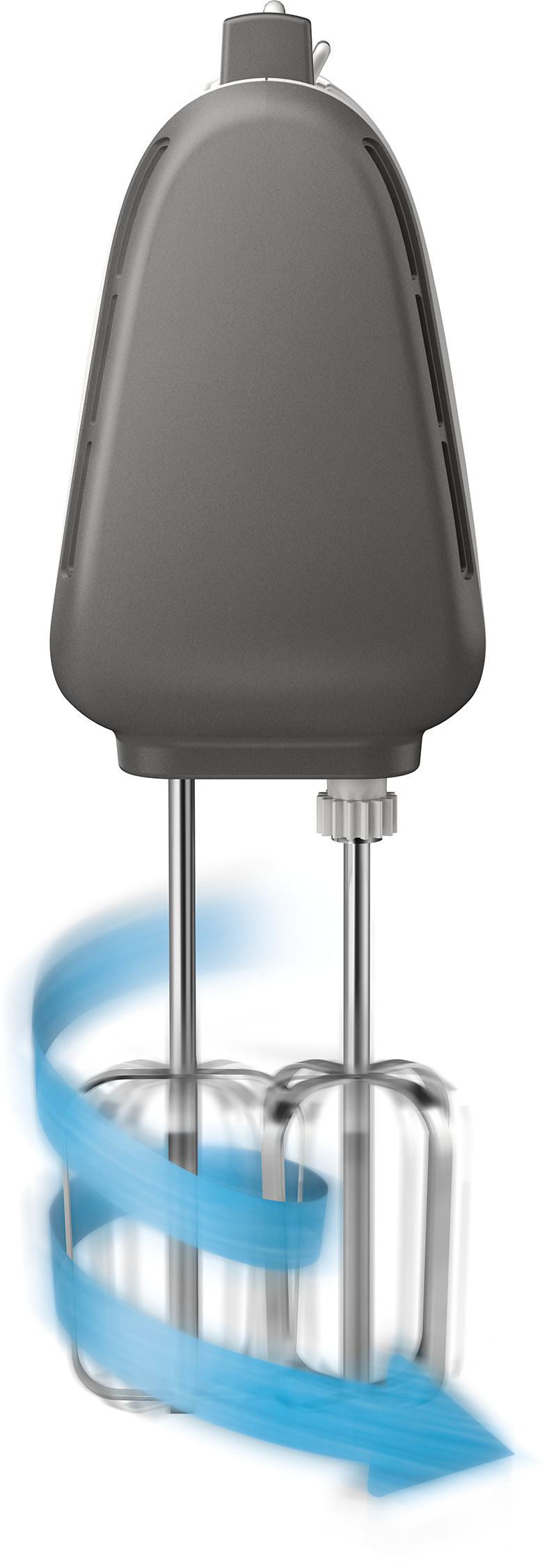 Szürke kézi mixer habverőkkel és kék örvénylő hatással. A mixer fehér háttéren van.