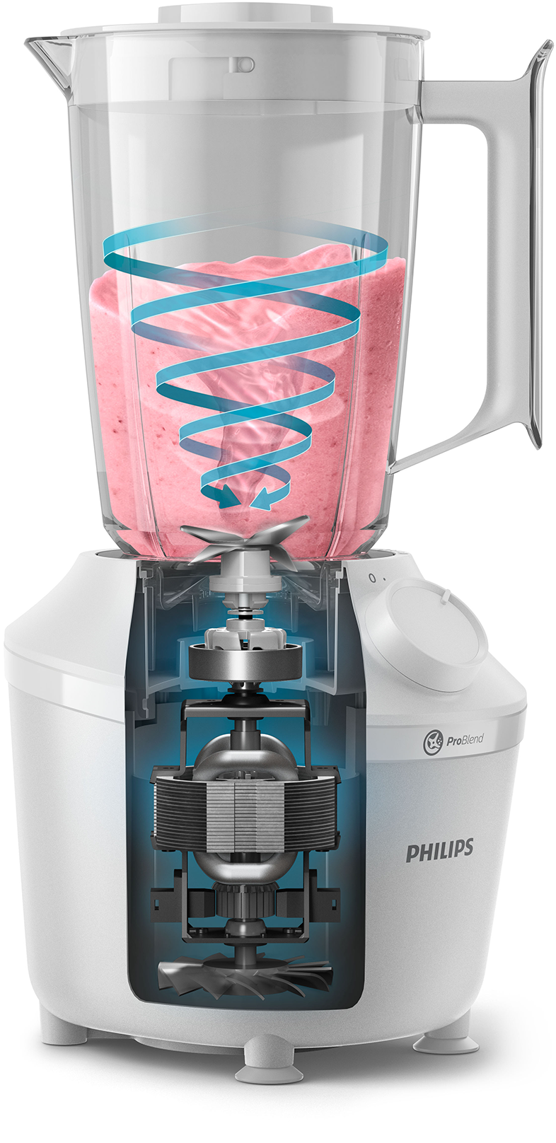 Philips turmixgép, metszet. Rózsaszín turmix spirál grafikával, belső alkatrészekkel.