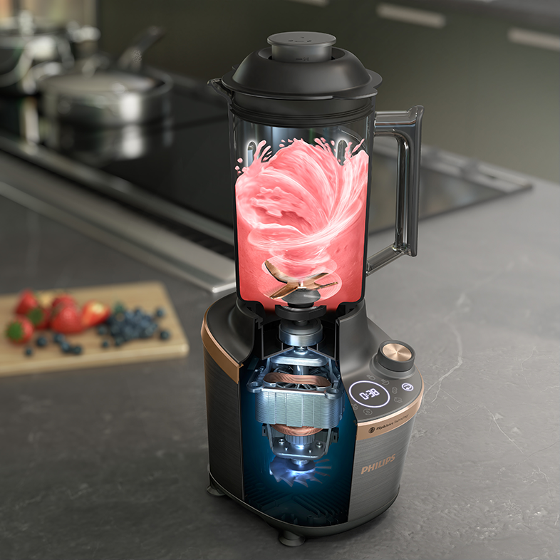 Turmixgép keresztmetszete. Rózsaszín smoothie örvénylik belül, motor alkatrészek láthatók.