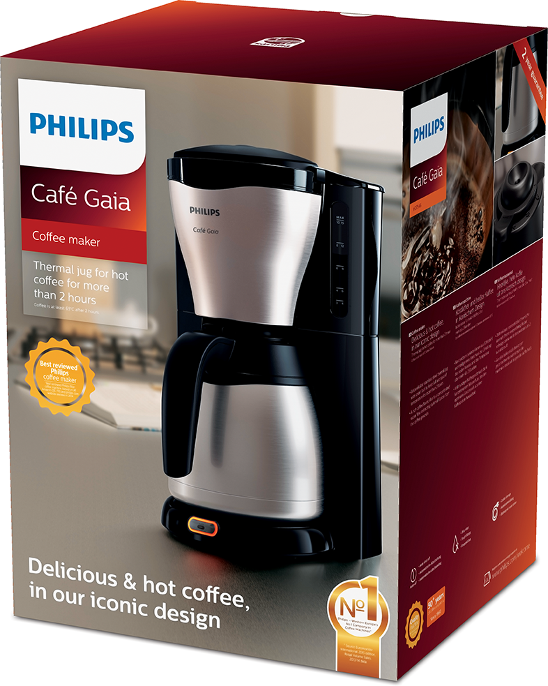 Philips kávéfőző doboz. Fekete és ezüst kávéfőzőgép piros és barna dobozon. Szöveg: Café Gaia.