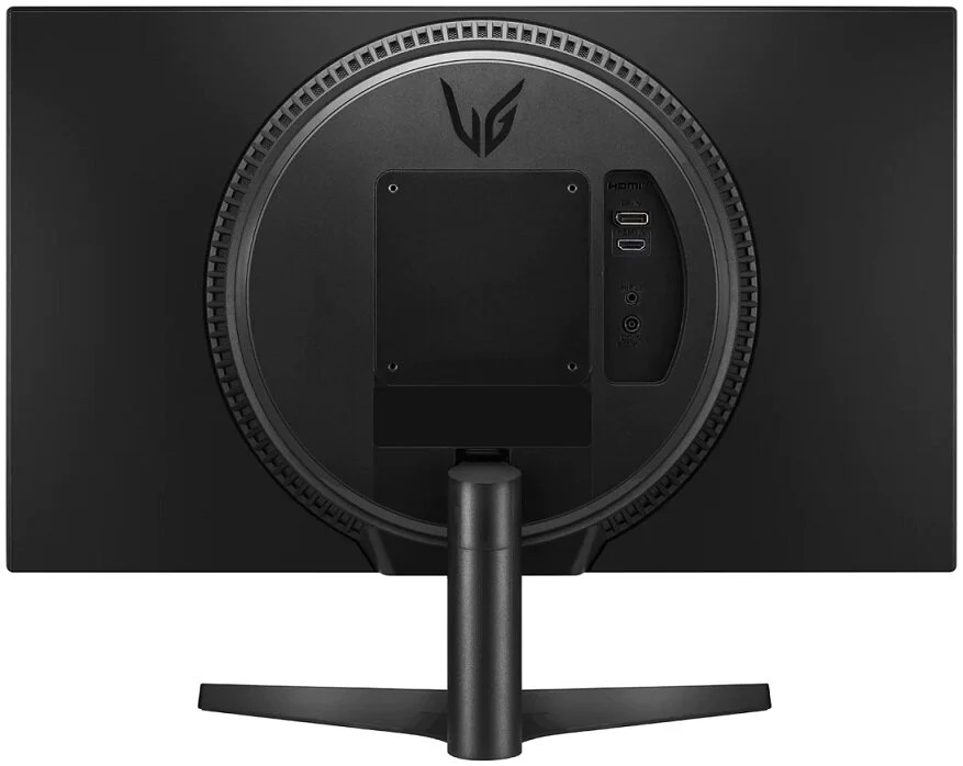 Tył czarnego monitora LG z portami i podstawą. Czarne tło.