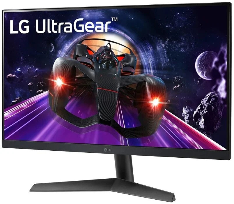 Monitor do gier LG UltraGear. Pokazuje statek kosmiczny w kosmosie z planetami i gwiazdami w tle.