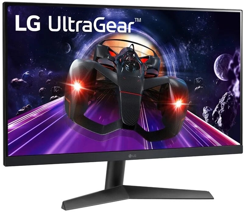Monitor LG UltraGear. Samochód wyścigowy jest wyświetlany na ekranie. Wyświetlacz jest czarny.
