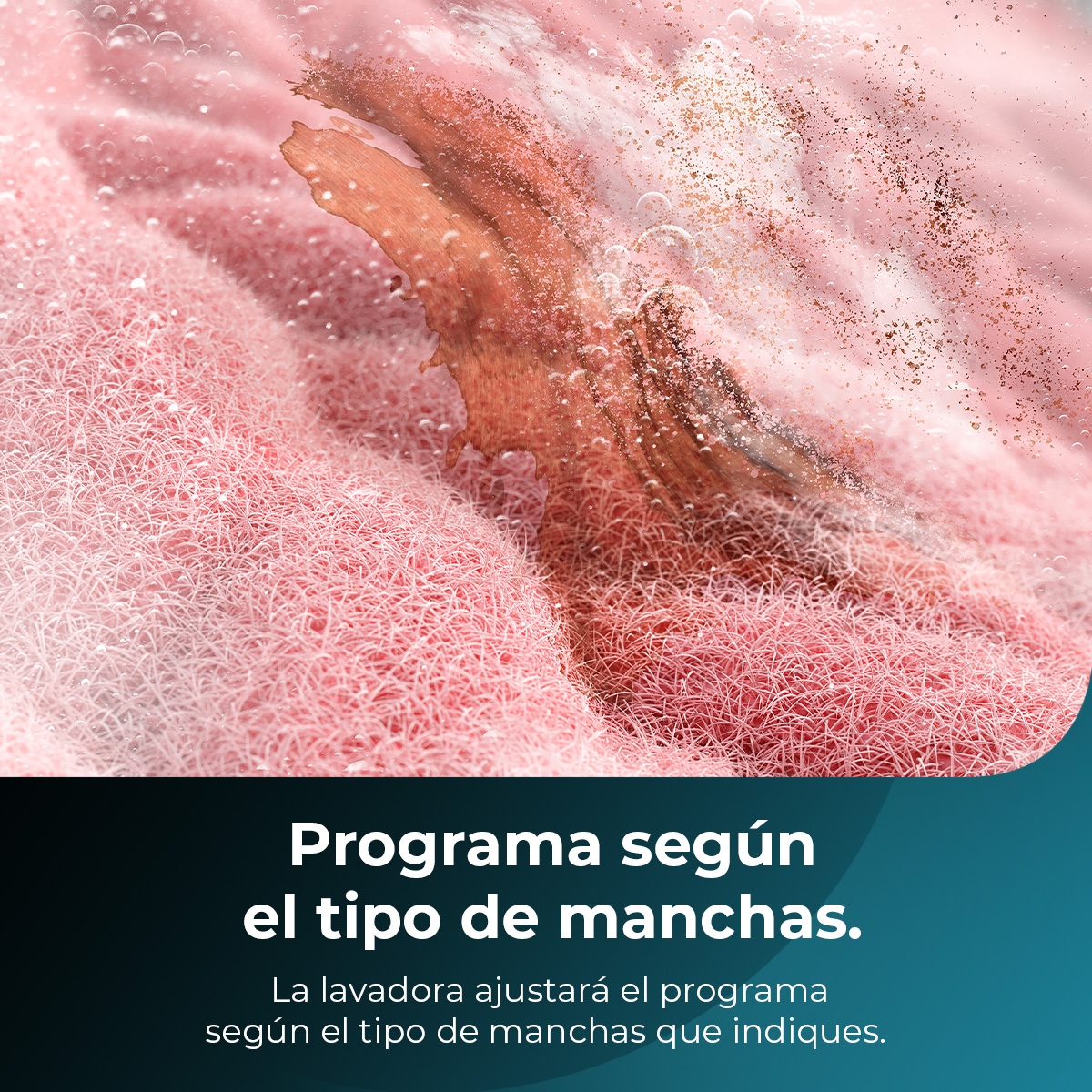 Una tela roja tiene manchas. El texto dice: Programe según el tipo de manchas. Fondo turquesa.