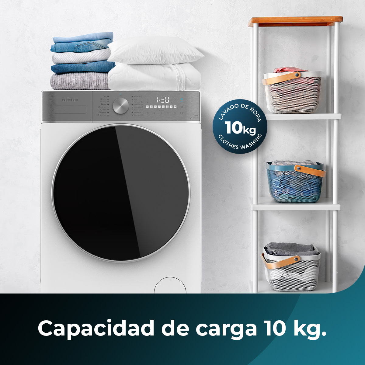 Una lavadora blanca con puerta negra y cestas de ropa.