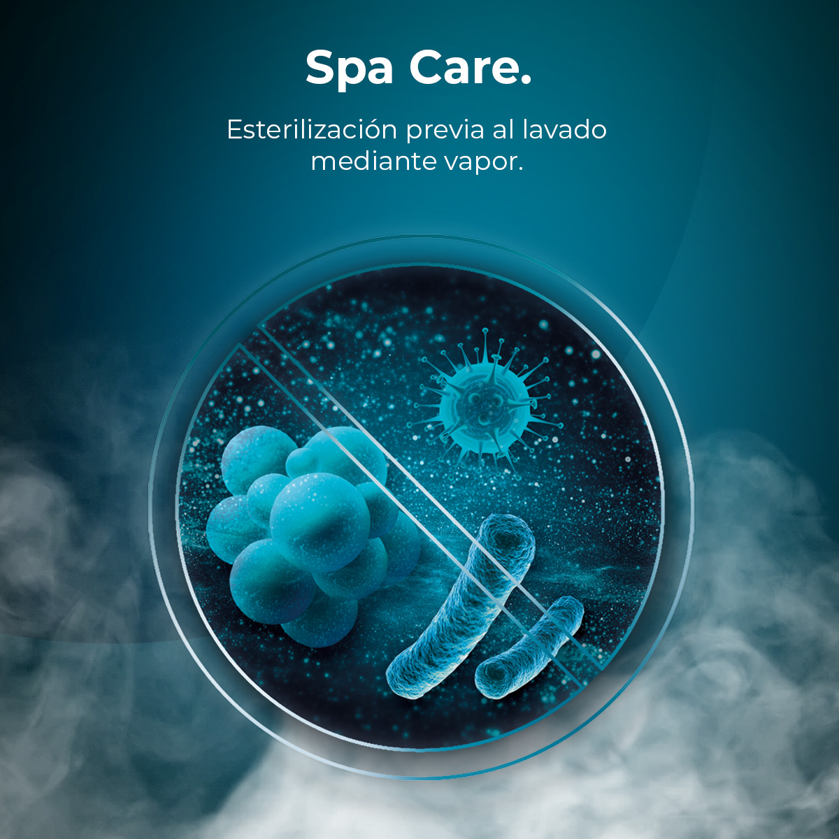 Ilustración Spa Care, bacterias azules y un virus dentro de un círculo de vidrio.