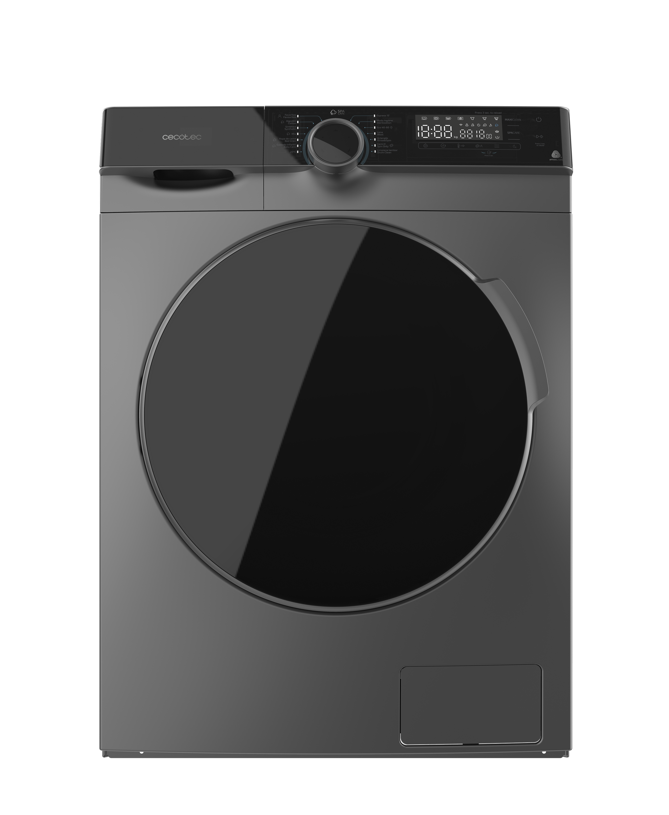 Una lavadora gris oscuro con una gran puerta negra y un panel de control en la parte superior.