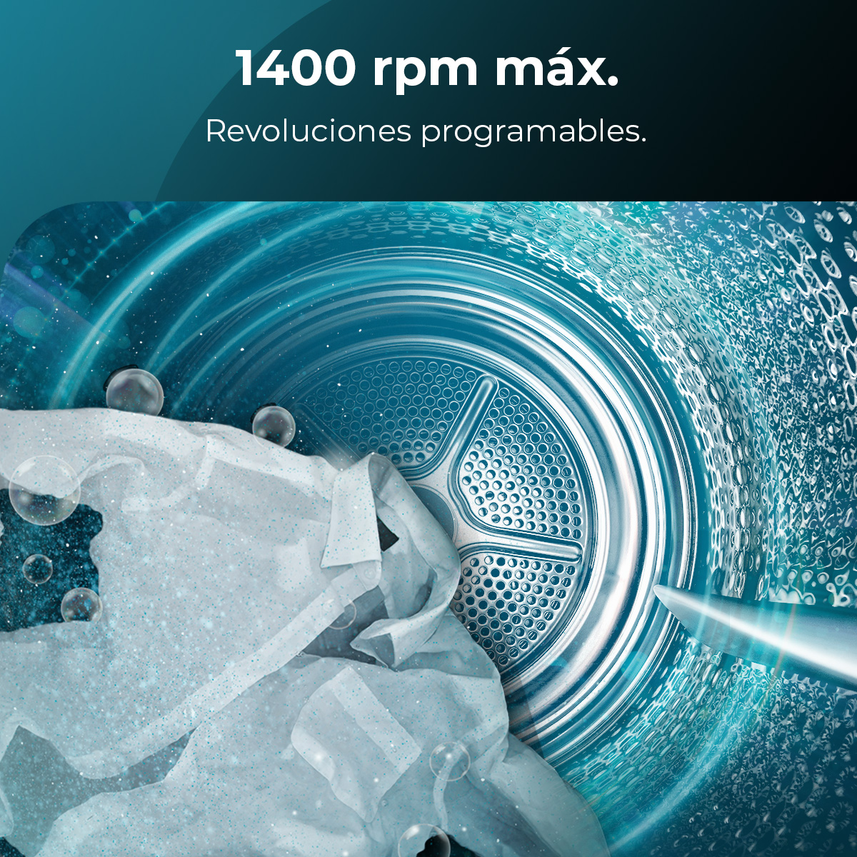 Interior de lavadora. Tela en agua arremolinada. Texto: 1400 rpm máx. Revoluciones programables.