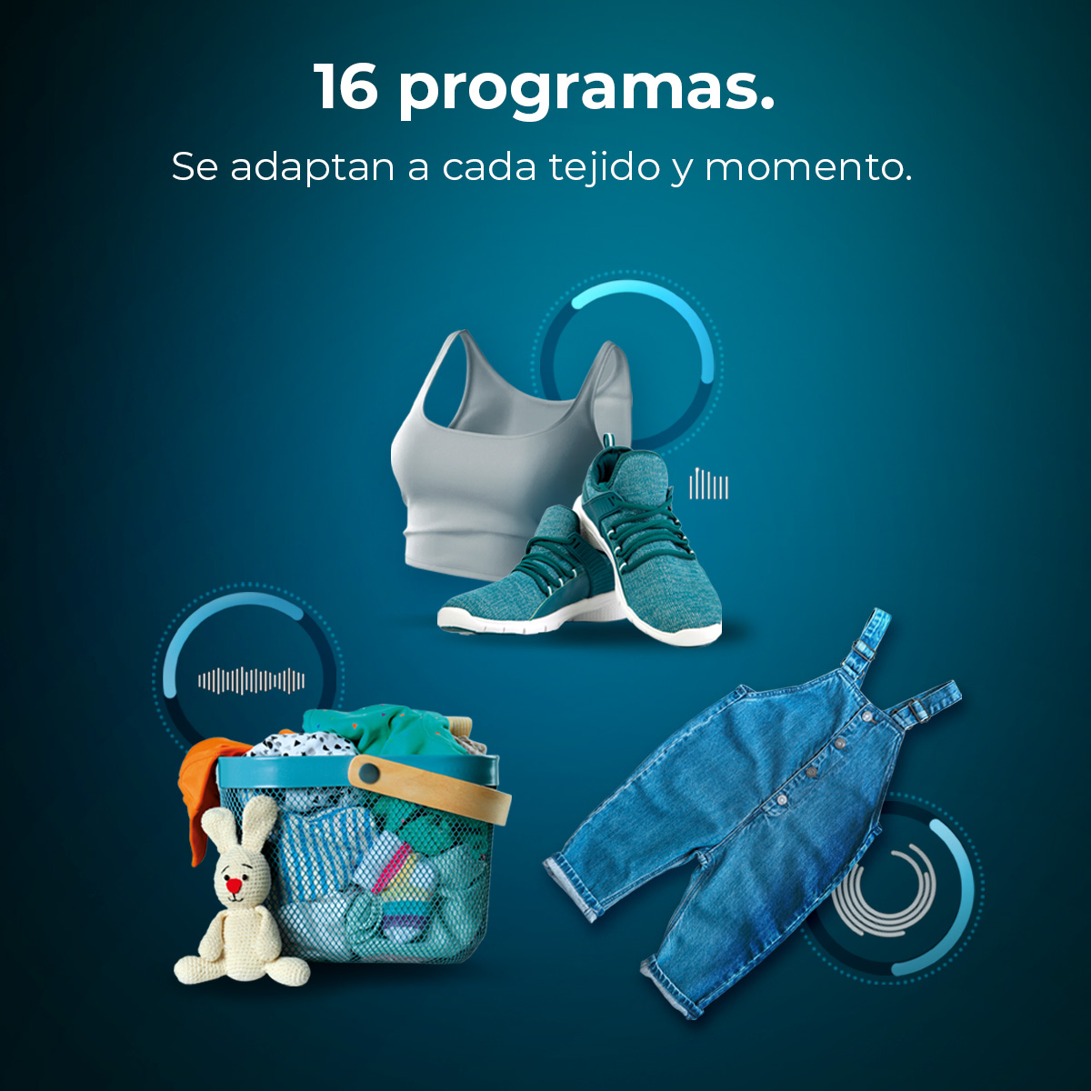 La imagen muestra prendas variadas con fondo azul.