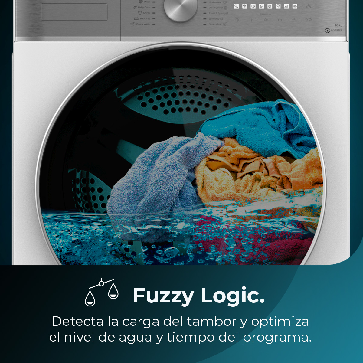 Se muestra una lavadora con ropa dentro. El panel de control de la máquina y un texto informativo también son visibles.