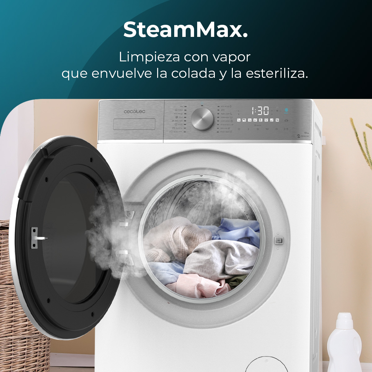 Una lavadora con la puerta abierta, vapor saliendo de la ropa en su interior.