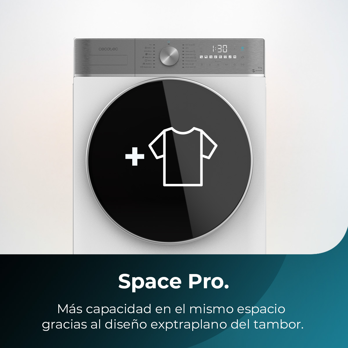 Lavadora blanca con puerta negra redonda. Icono de camiseta en la puerta. Panel de control gris arriba.