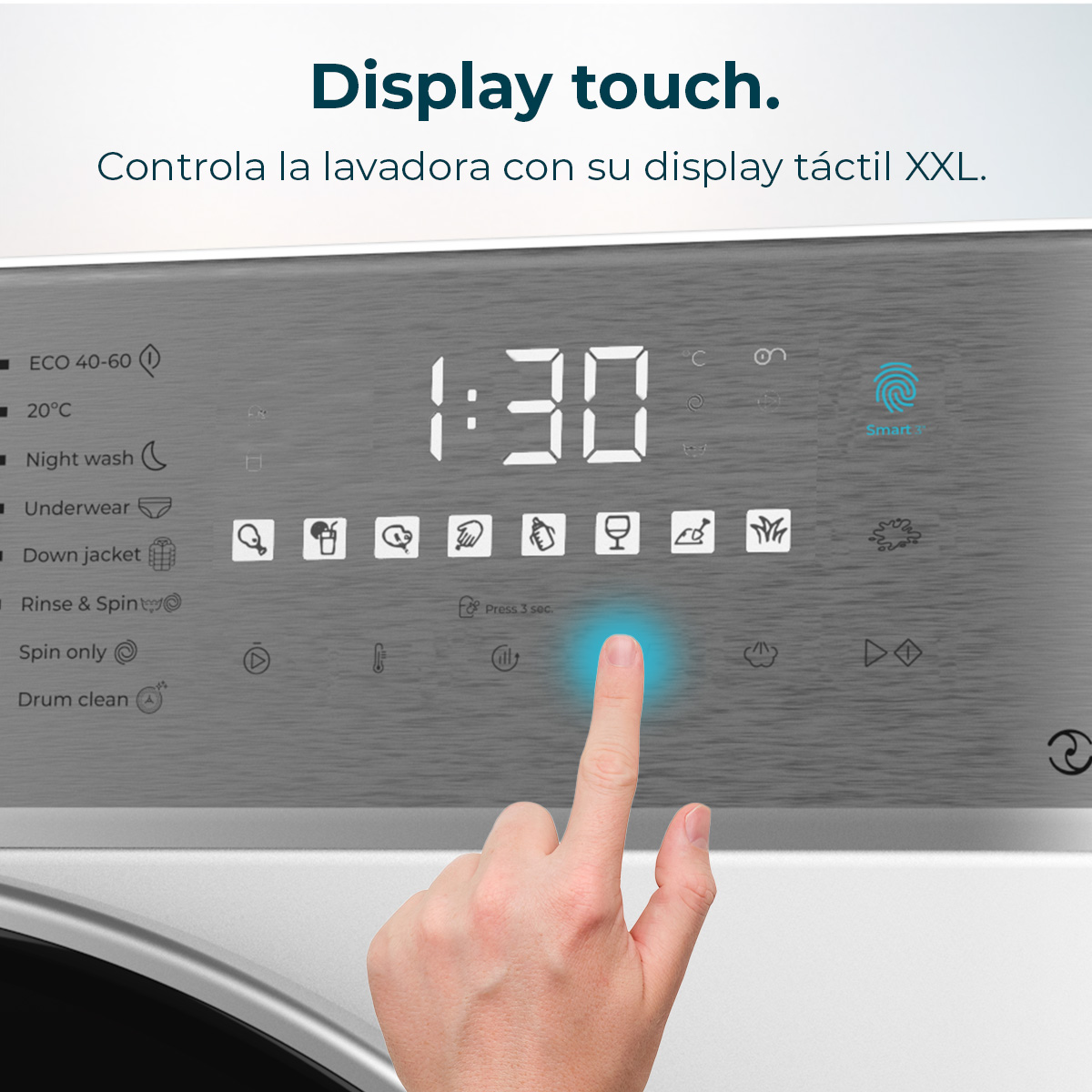 Panel de control de lavadora. Un dedo toca la pantalla. La pantalla muestra 1:30.