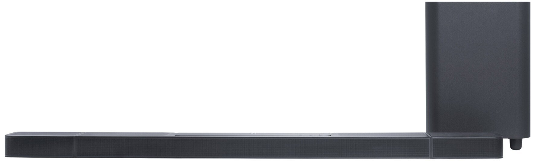 Czarny soundbar z subwooferem, białe tło.