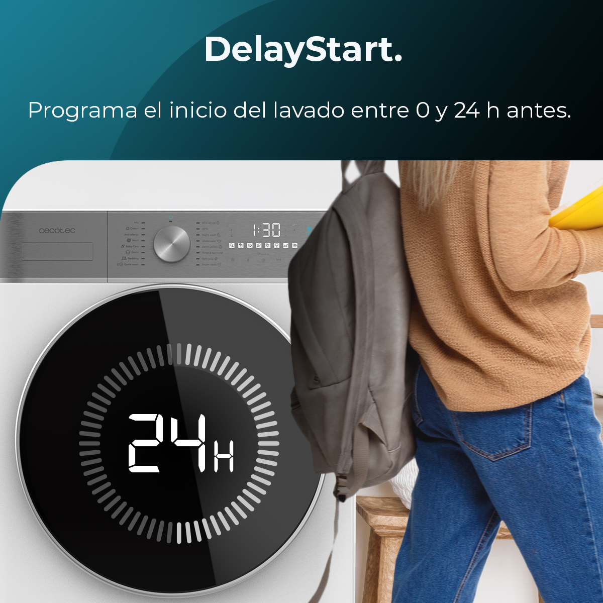 Panel de lavadora. Pantalla muestra 24h. Texto 'DelayStart'. Mochila y vaqueros visibles.