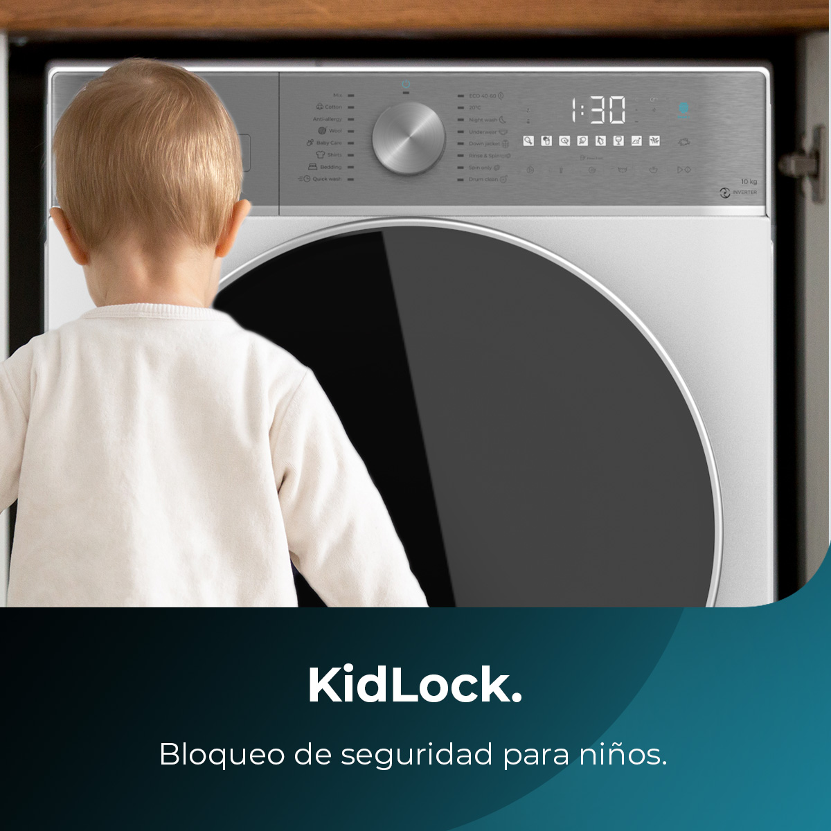 Un niño mirando una lavadora, con la función de seguridad 'KidLock' mostrada.