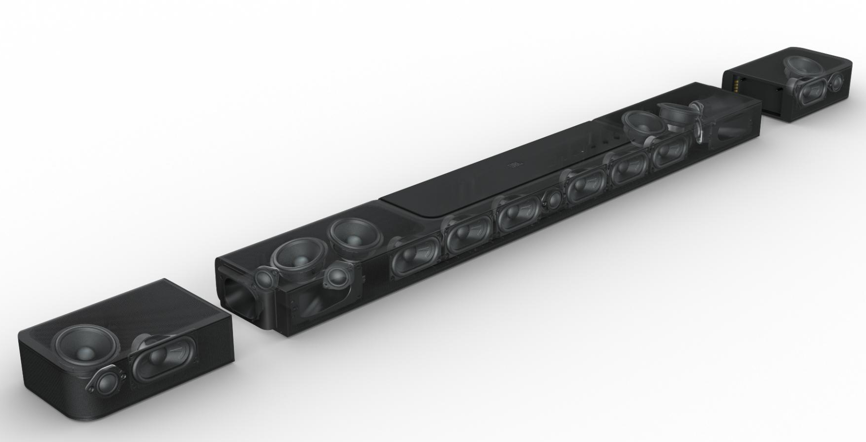 Przezroczysty soundbar z widocznymi elementami wewnętrznymi.