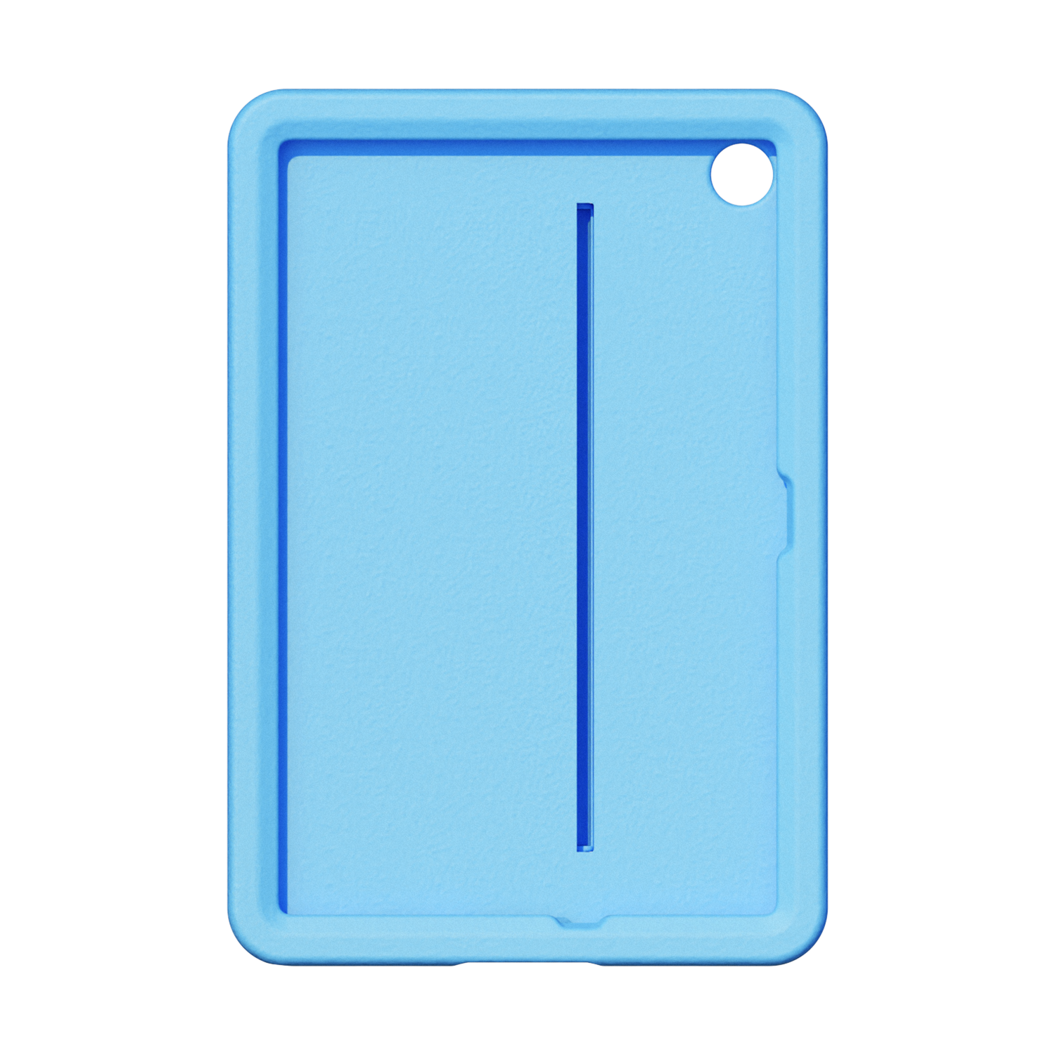 Blue tablet case, rectangular, with a slot and a circle.