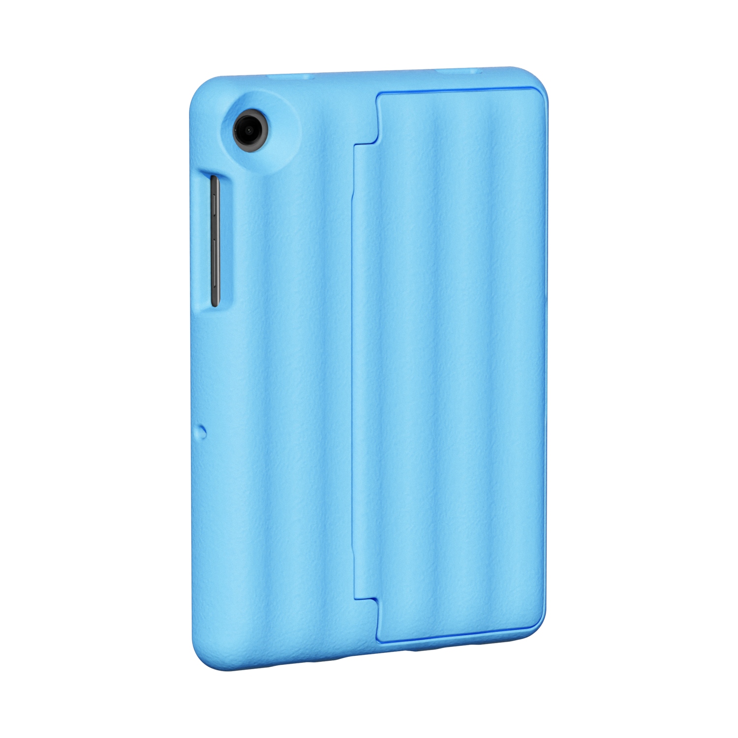 A light blue tablet with a camera and a protective case.