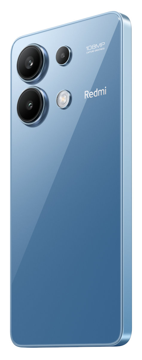 Niebieski smartfon z trzema tylnymi aparatami. Telefon jest w pozycji pionowej.