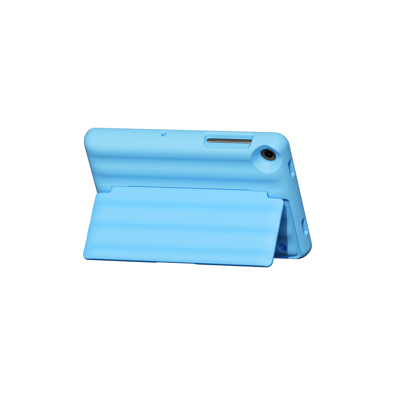A blue tablet in a case, with the cover propped up, isolated on a black background.