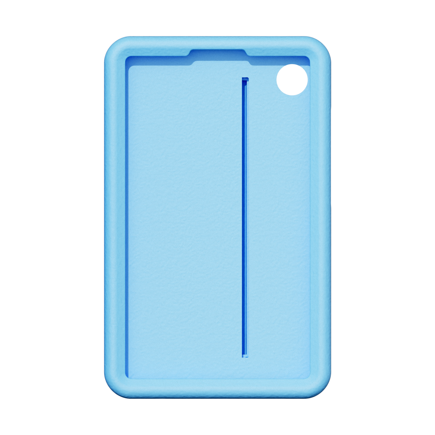 A light blue tablet case on a black background, with a cutout for the camera.