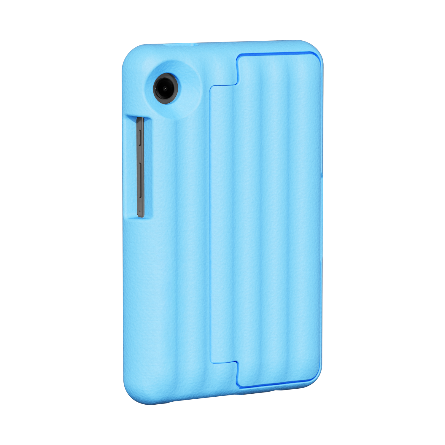 Blue, textured phone case with a camera lens cutout and a side button. Black background.