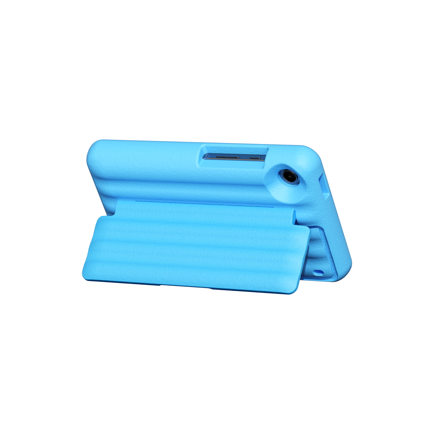 A light blue tablet case with a foldable stand, on a black background.