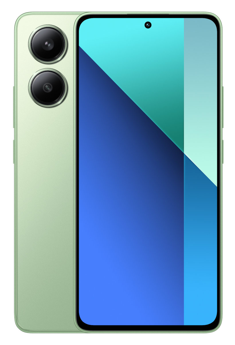Zielony telefon z podwójnym systemem kamer. Z tyłu białe logo Samsung, a ekran jest włączony.