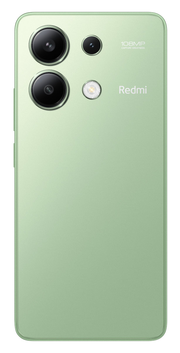 Zielony tył smartfona z aparatami i logo Redmi.