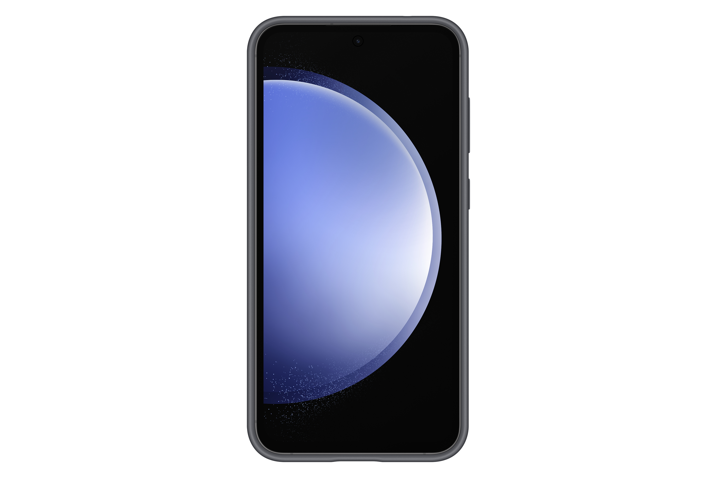 Vista frontal de smartphone, pantalla negra con degradado azul y blanco. Marco gris oscuro.