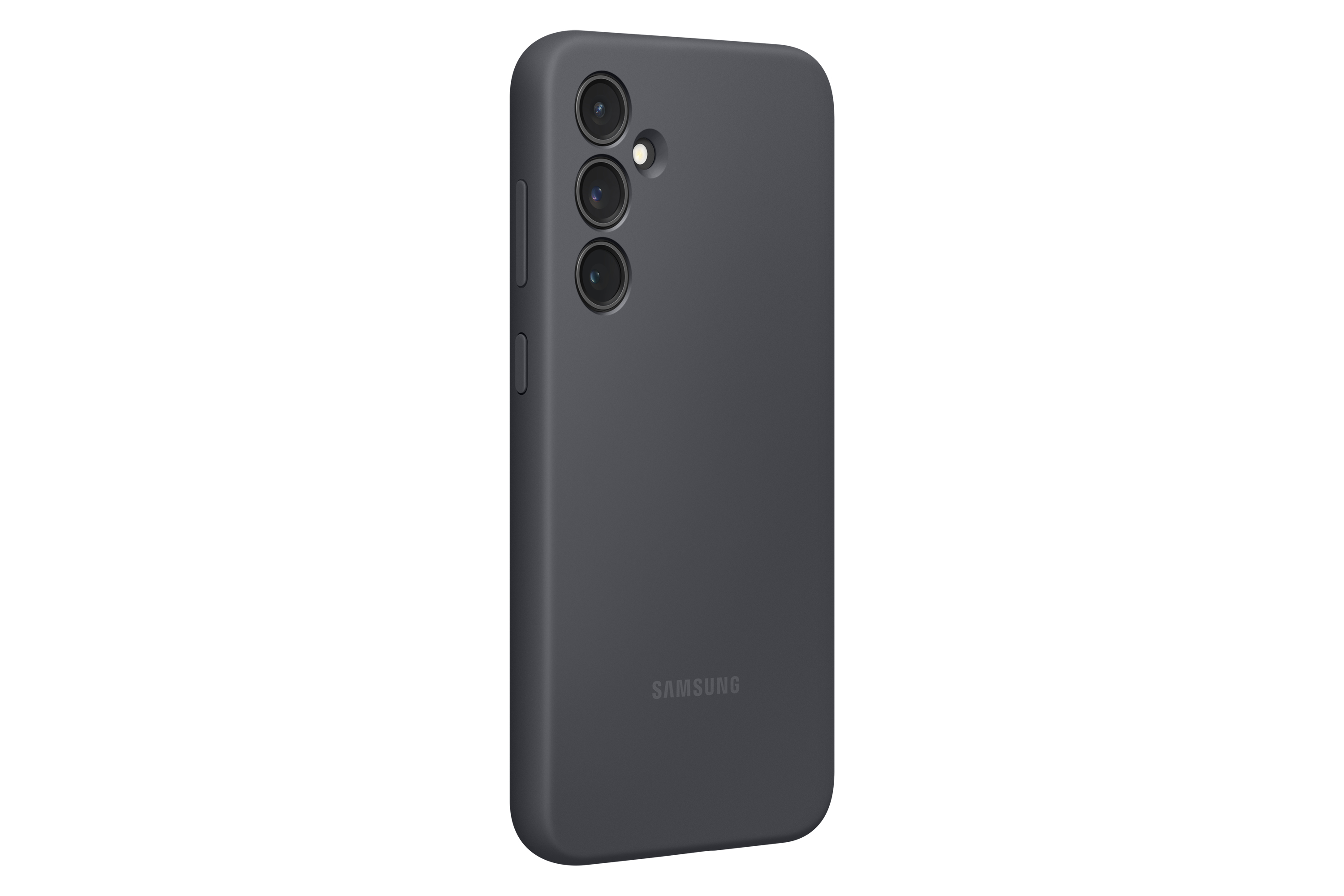 Funda gris oscuro con logo Samsung y tres cámaras.