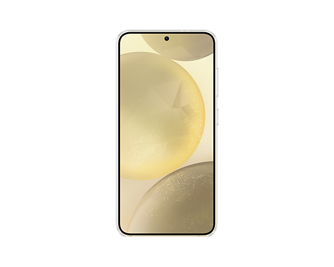 Un teléfono blanco con cámara, que muestra un fondo de esferas amarillas borrosas.