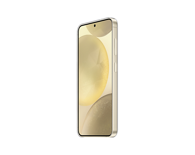 Un smartphone dorado sobre un fondo blanco, ligeramente inclinado hacia un lado.