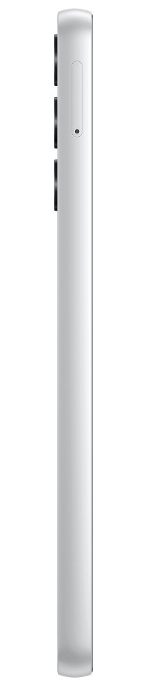 Biały smartfon, widok z boku. Widoczne przyciski i gniazdo SIM. Jednolite białe tło.