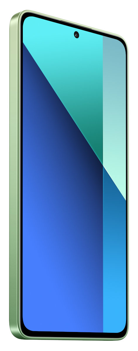 Zielony smartfon z boku, pokazujący ekran z niebieskim i zielonym.