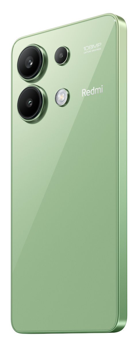 Jasnozielony telefon Redmi z trzema tylnymi aparatami.