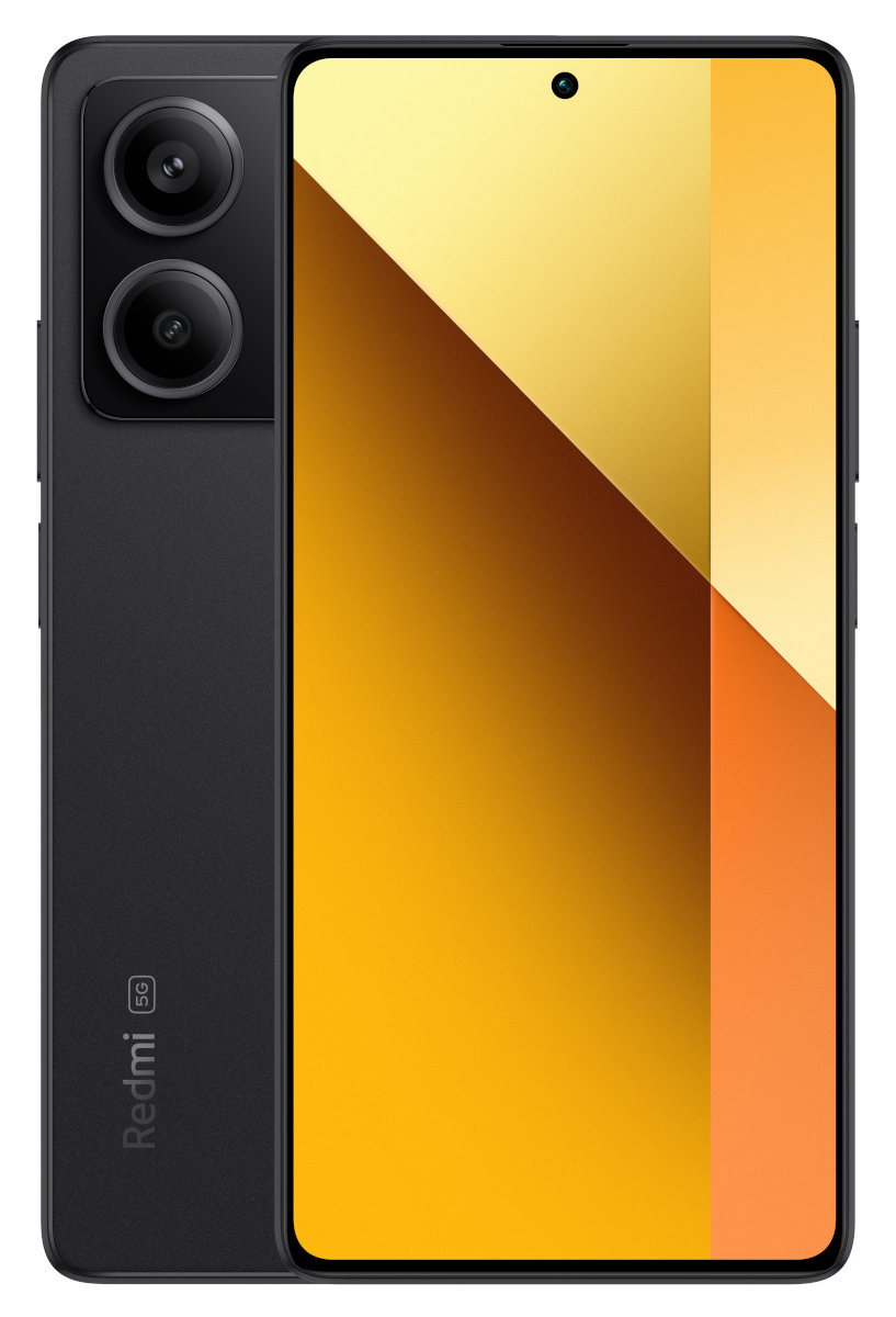 Czarny smartfon z dwoma tylnymi aparatami i dużym ekranem, wyświetlający złote tło.