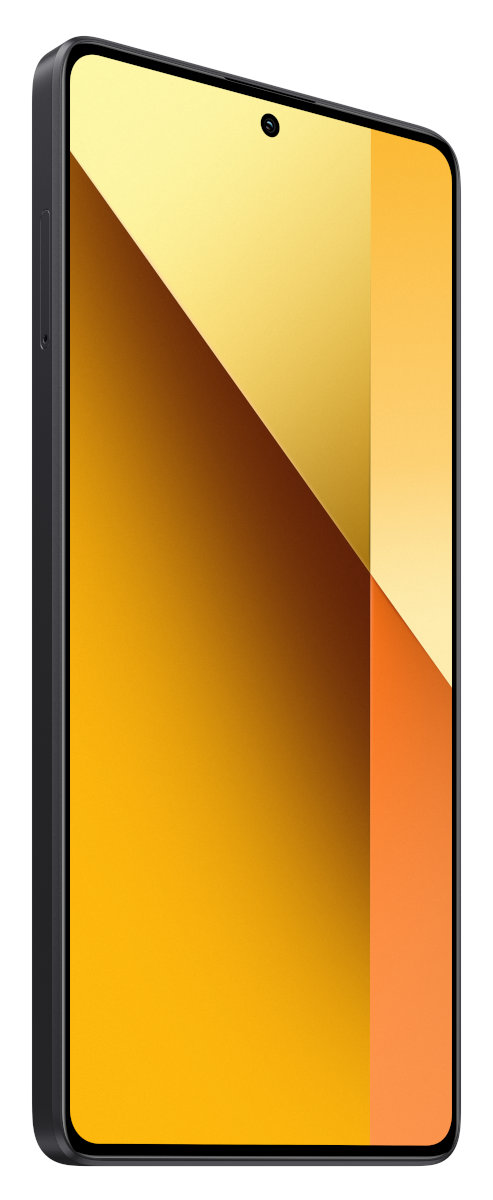 Czarny smartfon z żółto-pomarańczowym wyświetlaczem, widok pod kątem.