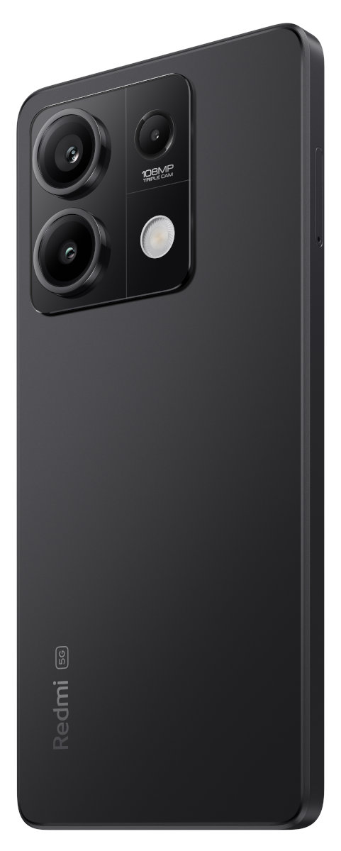 Czarny smartfon z trzema tylnymi aparatami. Logo Redmi 5G z boku. Białe tło.