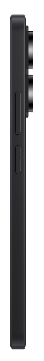 Czarny smartfon z boku, przyciski i aparat. Białe tło.